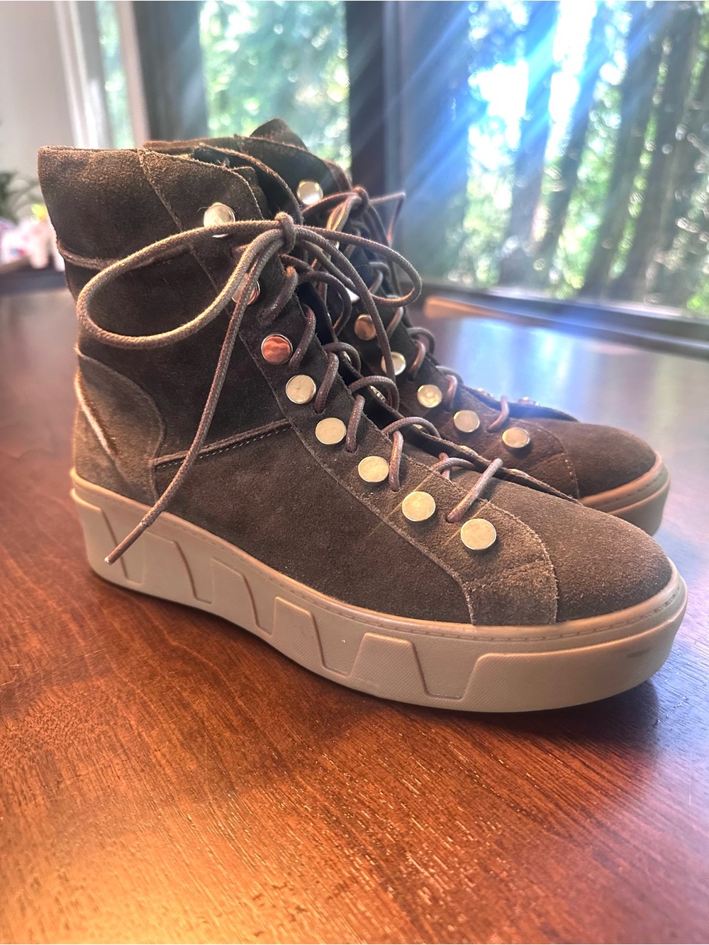 Anthropologie Bibi Lou Chunky Platform Suede Olive Green Boots 7.5 NWT